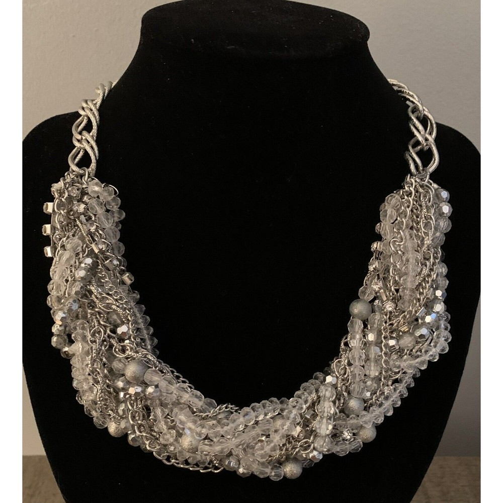 Thalia Sodi Necklace Twisted Silvertone Chain & Clear Bead Choker